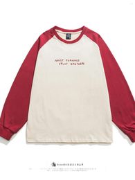 Men's T Shirts Spring And Autumn Wine Red Raglan Sleeve Long-Sleeved T-shirt Contrast Color Pure Cotton Pullover Bottoming Shirt Couple