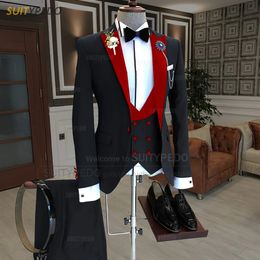 Black Men Suit Slim Fit Fashion Red Velvet Lapel Blazer Vest Pants 3 Piece Tailormade Homecoming Business Wedding Mens Tuxedos 231221