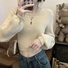 Women's Sweaters Autumn Winter Hairy Flare Long Sleeve Women Hollow Out Round Neck Solid Color Knited Crop Tops Warm Sexy Bottom Tees