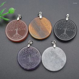 Charms Round Natural Stone Crystals Pendant For Men Engraved Tree Of Life Pendants Amethysts Obsidian DIY Jewelry Making Necklace X174