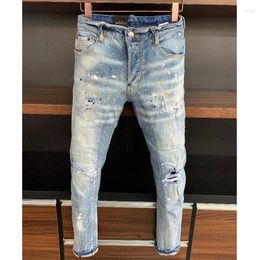 Men's Jeans Trendy Moto&Biker High Street Casual Denim Fabric Letter Pants Fashion Hole Spray Painted A368