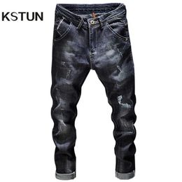 Men's Jeans KSTUN Ripped Jeans Men Dark Blue Stretch Slim Fit Distressed Streetwear Denim Pants Casual Retro Biker Jeans Man Trousers Hiphop J231222