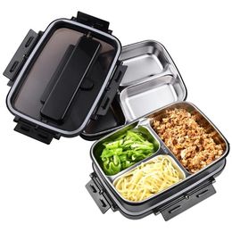 Dinnerware Sets Portable 304 Stainless Steel Bento Box With 3 Compartments Lunch Leakproof Microwave Heating Container Tableware A3209