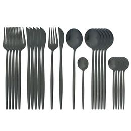 24Pcs Black Cutlery Stainless Steel Dinnerware LNIFE Fork Coffee Spoon Home Kitchen Dinner Tableware Set 201130229T