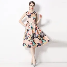 Casual Dresses Flower Print Women Vest Midi Dress Elegant Fashion O-Neck Summer Sleeveless Slim High Waist A-Line Party Runway Tank A6924