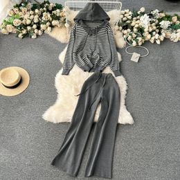 Women's Two Piece Pants Winter Leisure Knit Two-piece Suits Hooded Striped Tops With High Waist Wide Leg Spring Sweater Sets