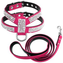 Leashes Dog Collars & Leashes Bling Rhinestone Harness Leather Puppy Cat Vest Leash Set For Small Medium Chihuahua Pug Yorkshire Pet Suppl