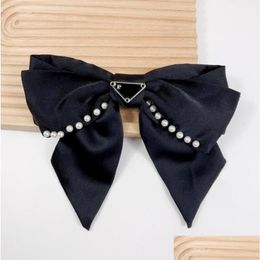 Hair Clips & Barrettes Hair Barrettes Simple Designer Solid Color Clips Luxury Brand Letter Printing Big Bowknot Hairpin Satin Fabric Otyb0