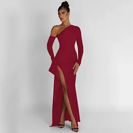 Casual Dresses Gotoola Long Sleeve Diagonal Collar Dress Selling Sexy Girl Backless High Slit Pure Colour Floor Length