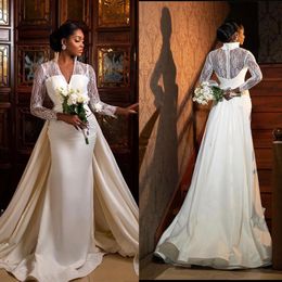 Vintage Mermaid Wedding Dresses With Detachable Train High Neck Pearls Beads Lace Bridal Dresses Sexy Backless Wedding Gowns