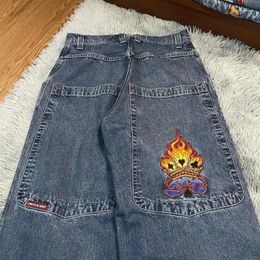 Women's Jeans Harajuku Flame Creative Pattern Printed Large Pocket Washed High Waisted Street Hip Hop Retro Blue Wide Leg Pants