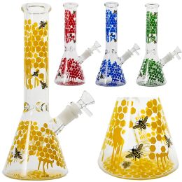 In Stock 10 Inch Hookahs Buzz Beeker Glass Bong With Beecombed Bee Decal Beaker Bongs Straight Perc Water Pipes Scientific Diffuser Oil ZZ