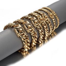 New Fashion 6 8 10 12 14 16 18mm 316L Stainless Steel Miami Curb Cuban Link Chain Gold Colour Bracelet Mens Jewellery Wristband197S