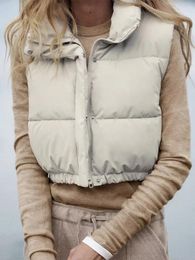 Women's Vests TRAFZA Winter Casual Warm Quilted Coat Outwear Streetwear Solid Color Padded Vest Women Sleeveless Zip Up Crop Puffer Gilet