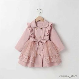 Girl's Dresses 2-7Y Kids Girls Trench Coat Baby Autumn Winter Clothing Lace Trim Long Sleeve Lapel Double-breasted Windbreaker Children Outwear