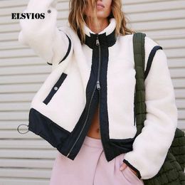 Autumn Winter Fashion Stand Collar Lamb Cashmere Cardigan For Women Patchwork Colour Loose Zipper Thick Jackets Streetwear Coats 231221