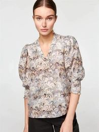 Women's Blouses 2023 Spring Retro Peacock Tail Print Ladies Shirt Puff Sleeve V Neck Silk Cotton Short Top