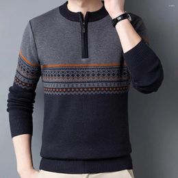 Men's Sweaters Lightweight Knitted Sweater Men Color Block Vintage Striped With Zipper Decor Crew Neck For Winter