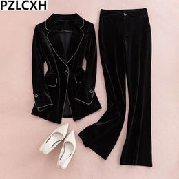 Women Temperament Slim Fit Fashion Velvet Set High End Small Suit Top Trend 2023 Heavy Industry Golden Coat 231221