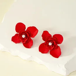 Dangle Earrings Vintage Fashion Trend Wine Red Flower Female Temperament Niche High-grade Pearl Studs Wholesale