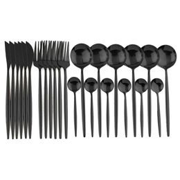 24pcs Black Dinnerware 18 10 Stainless Steel Cutlery Fork LNIFE Spoon Tableware Flatware Silverware Set Gift Box 201130272O