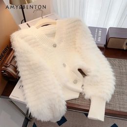 Gentle Soft And Comfortable Faux Mink Pink Vneck Loose Thick Knitted Sweater Coat Top Women's Autumn Winter Knitwear Cardigan 231221