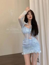 Work Dresses Two Piece Sets Womens Outifits Long Sleeve Blouse Tight Drawstring Sexy Sling Dress Solid Womans Clothes For 2023 Autumn