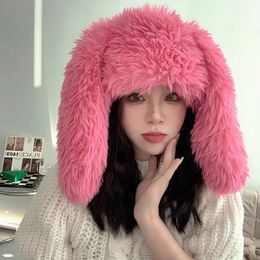 2023 Bunny Ears Beanies Korea Ins Cute Rose Red Plush Pullover Furry Cap Winter Warm Keeping Funny P ography Women's Hats 231222