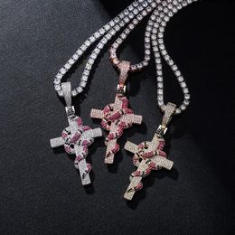 Retro Snake Cross Pendant Real Gold Electroplated Full of CZ Iced Out Diamond Mens Necklace Hip Hop Jewelry199K