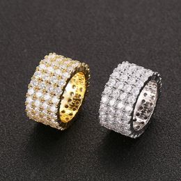 13mm 6-12 4 Row Tennis Ring Copper Gold Silver Colour Cubic Zircon Iced Out Rings Hip Hop Jewelry260r
