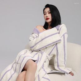 Women's Sleepwear Brand High-end Females Autumn Winter Coral Velvet Bathrobe Purple Striped Hooded Fleece Long Robe Women Warm Dressing Gown