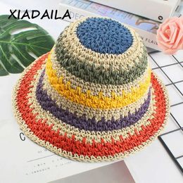 Wide Brim Hats Bucket Hats 2020 summer Women's bucket hat Straw made rainbow Crochet foldable parent-child Panama hat children female beach sun visor CapL231221