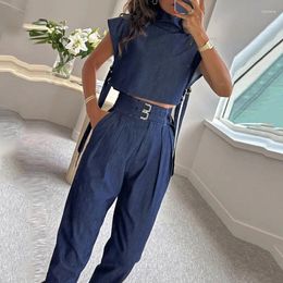 Women's Two Piece Pants Sexy Sleeveless Turtleneck Vest Drawstring High Waist Pocket Straight-Leg Suit 2023 Women Solid Colour Loose