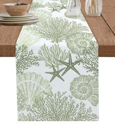 Sage Green Ocean Coral Shells Starfish Abstract Table Runner Cotton Linen Wedding Decor Tablecloth Holiday kitchen Table Decor 231222