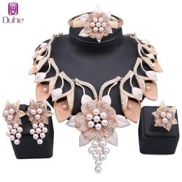 Women's Crystal Dubai Gold Color Imitation Pearl Necklace Earrings Bangle Ring Party Wedding Accessories Jewelry Set 231221