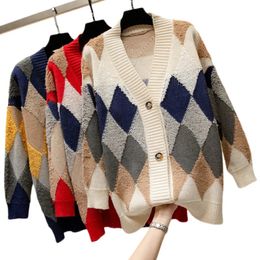 Womens Argyle Button Down Sweater Casual Long Sleeve V Neck Color Block Knit Cardigan Autumn Winter 231221