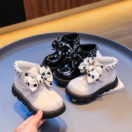 Boots Autumn Winter For Girl Fashion Polka Dot Bow Children Ankle Short Boot Glossy Leather Toddler Round Toe Chunky Kids Shoes