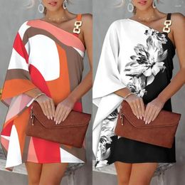 Casual Dresses Printed Sexy Diagonal Collar Strapless Dress European & American Women's Clothing Bell Sleeve A-Line Elegant