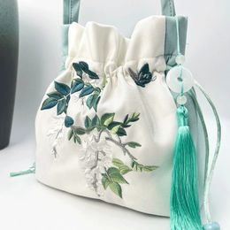 Chinese Style Retro Flower Embroidery Crossbody Top-handle Bags Women Shoulder Lace Drawstring Bucket Bag Coin Purses Handbags 231221