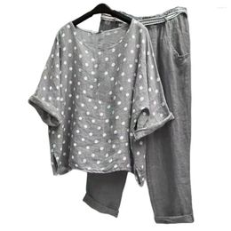 Women's Two Piece Pants Sets Womens Outifits Blouse Pant Dot Print Half Sleeve O-Neck Loose Spring Summer Raglan T-shirt Capri Trousers