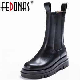 Boots FEDONAS 2022 New Women MidCalf Boots Genuine Leather Platforms Concise Casual Thick Heels Shoes Woman Autumn Winter High Boots