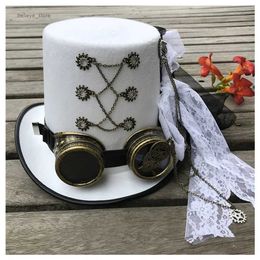 Wide Brim Hats Bucket Hats Women White Handmade Steampunk Top Hat With Gear Glasses and Lace Stage Magic Hat Performance Hat Size 57CM Steampunk HatL231221