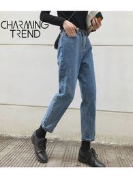 Women Jeans Pant Black Korean Crop Girls Students Vintage Solid Long Pants Fit Female High Waist Denim 231221