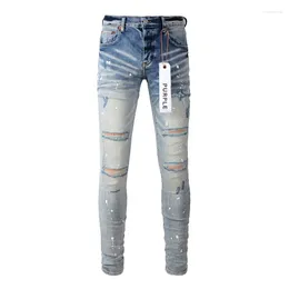 Men's Jeans 2024 Purple Brand Trend Blue Slim Denim Paint Graffiti Pattern Hole Stretch Ripped Fashion Men