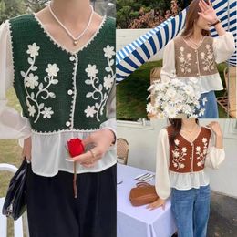 Women's Blouses Crochet Colorblock Floral Peplum Top Women Puff Sleeve Button Up Shirts