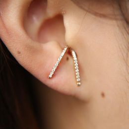 whole gold plated jewelry micro pave clear bling cz bar J shaped stud uniqued new design earring for women205b