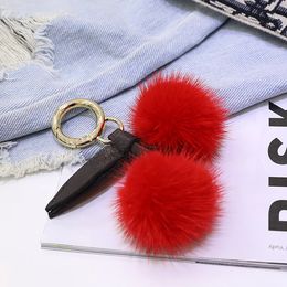 1 piece Mink Fur Pom pom Keychain Cherry Fluffy Bag Purse Charms Leather Key chains llaveros para mujer female Gift 231222