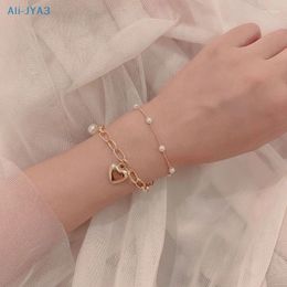 Bangle Heart-shaped Pendant Pearl Chain Women Metal Fashion Jewellery Double Layer Bracelet Gift