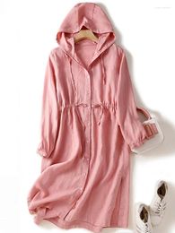 Casual Dresses Women's Dress Pink Soild Elastic Waist Linen Hooded Japanese Long Sleeve A-Line Knee-Length For Women 2023 Spring