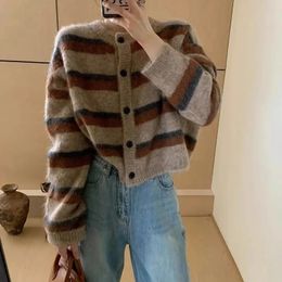 Vintage Striped Round Neck Cardigan Women 2024 Korean Style Button Up Long Sleeve Sweater Woman Knitting Short Cardigans Female 231221